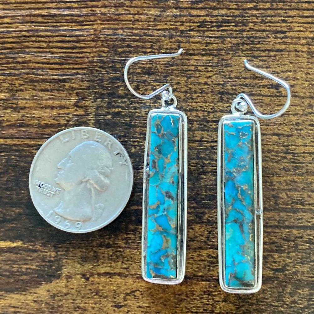 Retangular Southwest Arizona Turquoise Earrings Set In 925 Sterling Silver - Picture 3 of 6